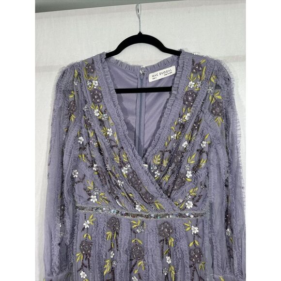 NWT $698 Mac Duggal [ 4 ] Long Sleeve‎ Embroidered Wrap Midi Dress Lilac G1710 - Picture 10 of 16